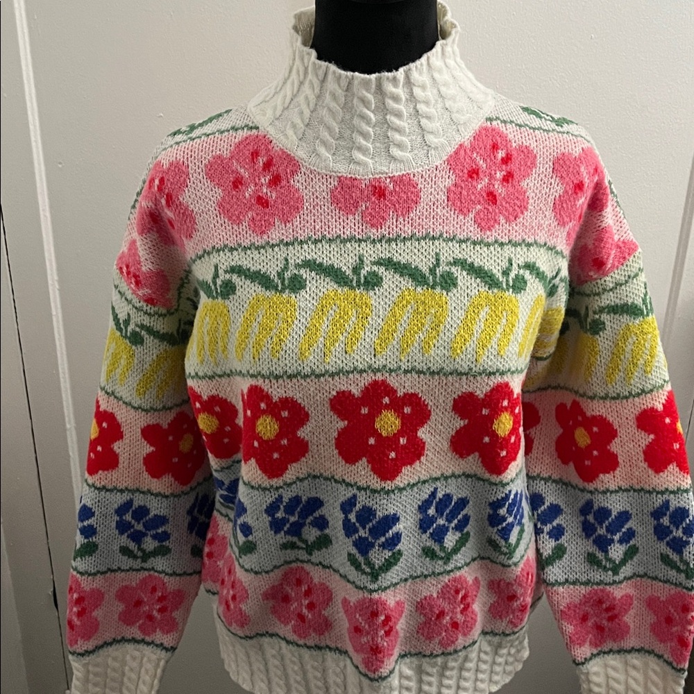 Polagram Floral Knit Sweater Stand Collar Elegant Sweet Pullover - Picture 5 of 17
